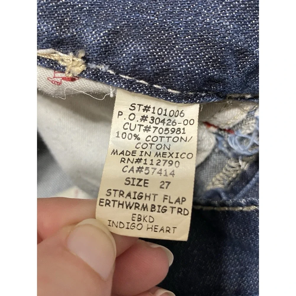 True Religion Straight Flap Earthworm Big T Indigo Heart Dark Wash Jeans Size 27